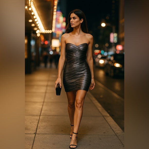 BCBG Max Azria Strapless Mini Dress Sz M | Metallic Y2K Bodycon Kardashian - Picture 2 of 16